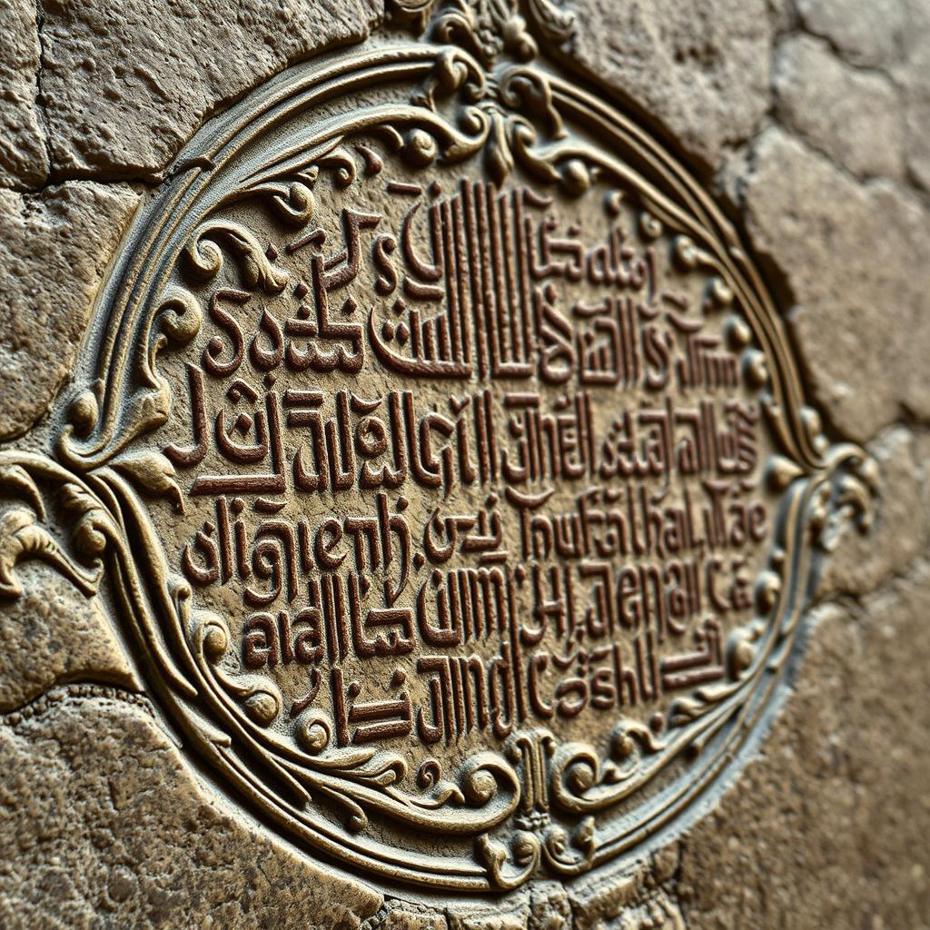 A highly detailed close-up shot of the curse inscription on Tamerlane's tomb, showcasing intricate calligraphy and ornate carvings