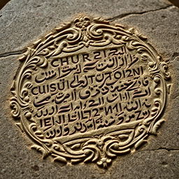 A highly detailed close-up shot of the curse inscription on Tamerlane's tomb, showcasing intricate calligraphy and ornate carvings