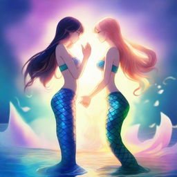 A high-quality digital art piece depicting a beautiful anime-style mermaid woman with a glowing tail, holding hands with her anime human wife