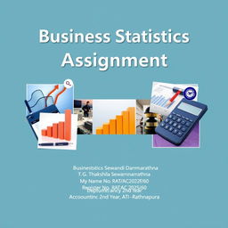 A visually appealing cover page design for a Business Statistics Assignment, featuring beautiful and relevant pictures that symbolize business and statistics, such as graphs, charts, and calculators