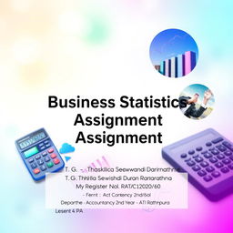A visually appealing cover page design for a Business Statistics Assignment, featuring beautiful and relevant pictures that symbolize business and statistics, such as graphs, charts, and calculators