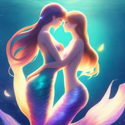 A high-quality digital art piece depicting a beautiful anime-style mermaid woman with a glowing tail, holding hands with her anime human wife