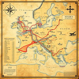 A detailed and visually captivating historical map showcasing the routes and strategies of Hitler’s invasion during World War II