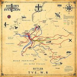 A detailed and visually captivating historical map showcasing the routes and strategies of Hitler’s invasion during World War II