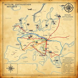 A detailed and visually captivating historical map showcasing the routes and strategies of Hitler’s invasion during World War II