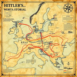 A detailed and visually captivating historical map showcasing the routes and strategies of Hitler’s invasion during World War II