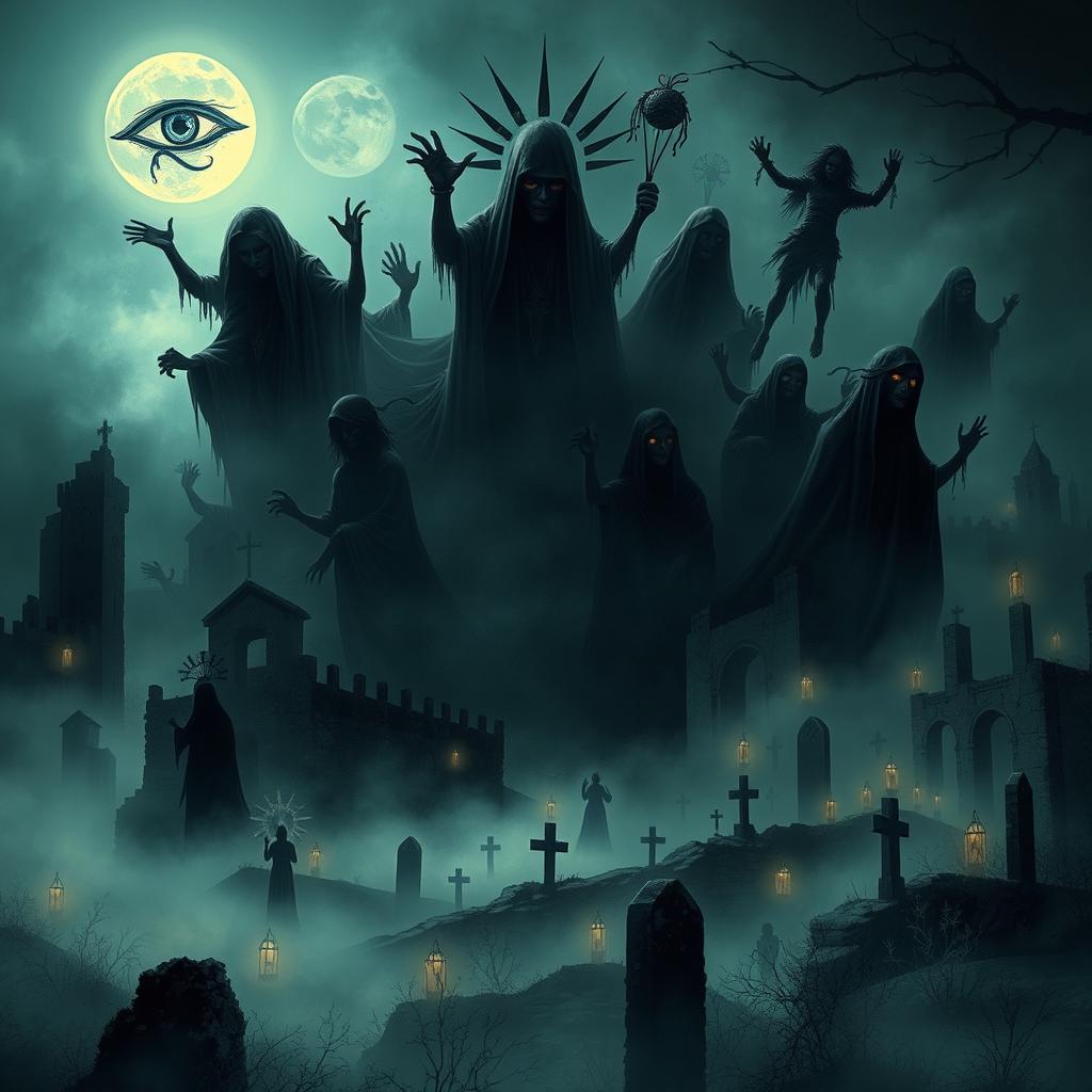 An eerie and atmospheric illustration depicting various historical curses from different cultures around the world