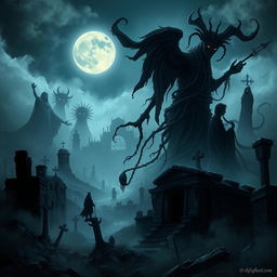 An eerie and atmospheric illustration depicting various historical curses from different cultures around the world