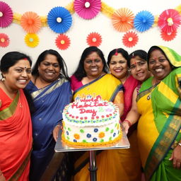 Five joyful Indian women of various chubby builds celebrating World Habitat Day, gathered around a beautifully decorated cake