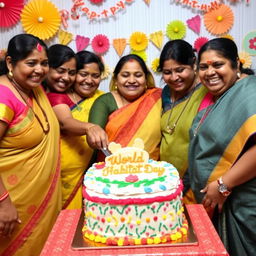 Five joyful Indian women of various chubby builds celebrating World Habitat Day, gathered around a beautifully decorated cake