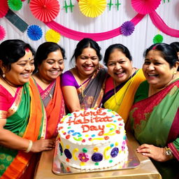 Five joyful Indian women of various chubby builds celebrating World Habitat Day, gathered around a beautifully decorated cake