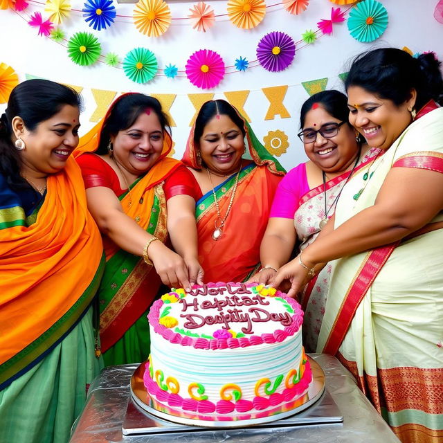 Five joyful Indian women of various chubby builds celebrating World Habitat Day, gathered around a beautifully decorated cake