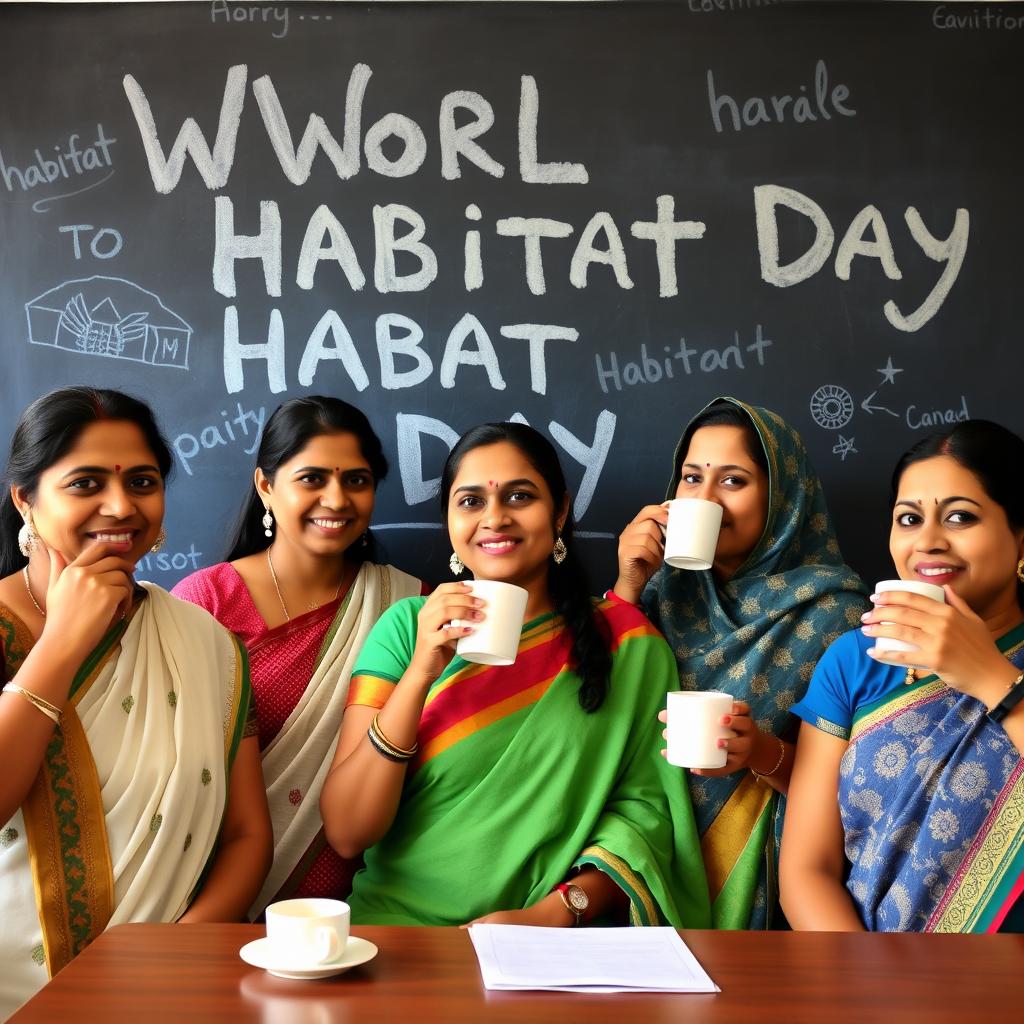 Five Indian women engaged in a lively classroom environment, sipping coffee while actively teaching