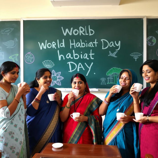 Five Indian women engaged in a lively classroom environment, sipping coffee while actively teaching