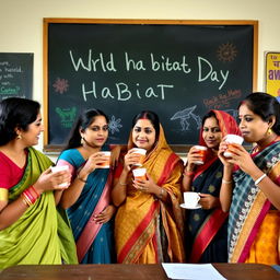 Five Indian women engaged in a lively classroom environment, sipping coffee while actively teaching