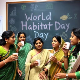 Five Indian women engaged in a lively classroom environment, sipping coffee while actively teaching