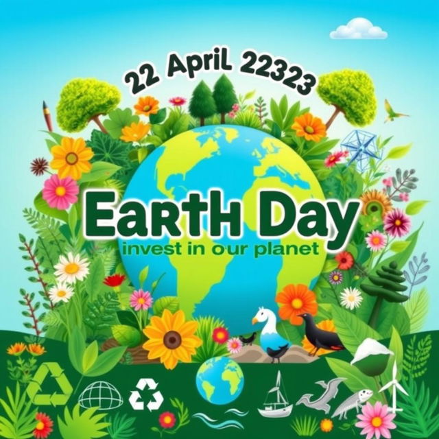 A vibrant and eye-catching poster designed for World Earth Day, featuring the text '-22 April 2023 World Earth Day - Invest in our planet' prominently displayed in bold, eco-friendly fonts