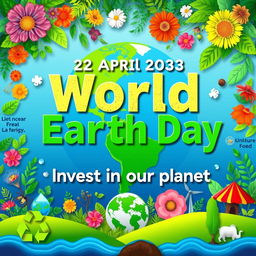 A vibrant and eye-catching poster designed for World Earth Day, featuring the text '-22 April 2023 World Earth Day - Invest in our planet' prominently displayed in bold, eco-friendly fonts