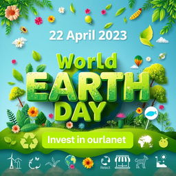 A vibrant and eye-catching poster designed for World Earth Day, featuring the text '-22 April 2023 World Earth Day - Invest in our planet' prominently displayed in bold, eco-friendly fonts