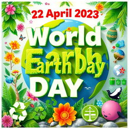 A vibrant and eye-catching poster designed for World Earth Day, featuring the text '-22 April 2023 World Earth Day - Invest in our planet' prominently displayed in bold, eco-friendly fonts