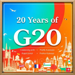 A creative and visually appealing board celebrating '20 Years of G20' featuring the names 'Rajat Kathuria' and 'Pratik Kukreja' highlighted prominently