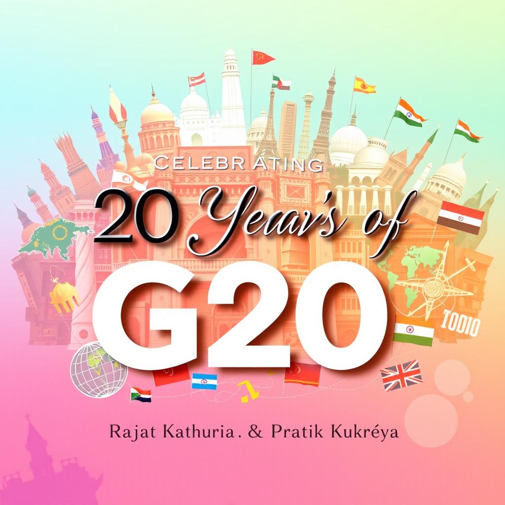 A creative and visually appealing board celebrating '20 Years of G20' featuring the names 'Rajat Kathuria' and 'Pratik Kukreja' highlighted prominently