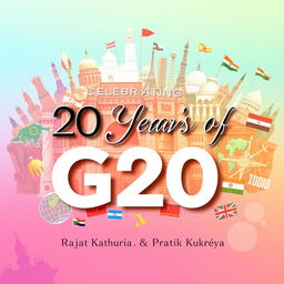 A creative and visually appealing board celebrating '20 Years of G20' featuring the names 'Rajat Kathuria' and 'Pratik Kukreja' highlighted prominently