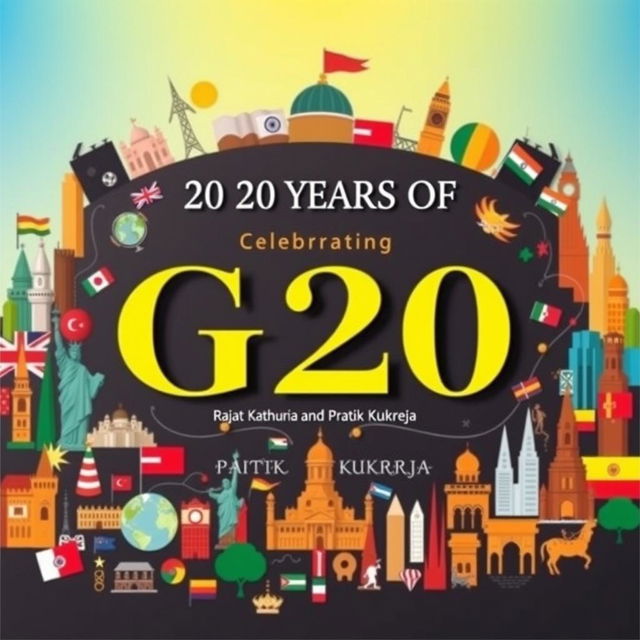 A creative and visually appealing board celebrating '20 Years of G20' featuring the names 'Rajat Kathuria' and 'Pratik Kukreja' highlighted prominently