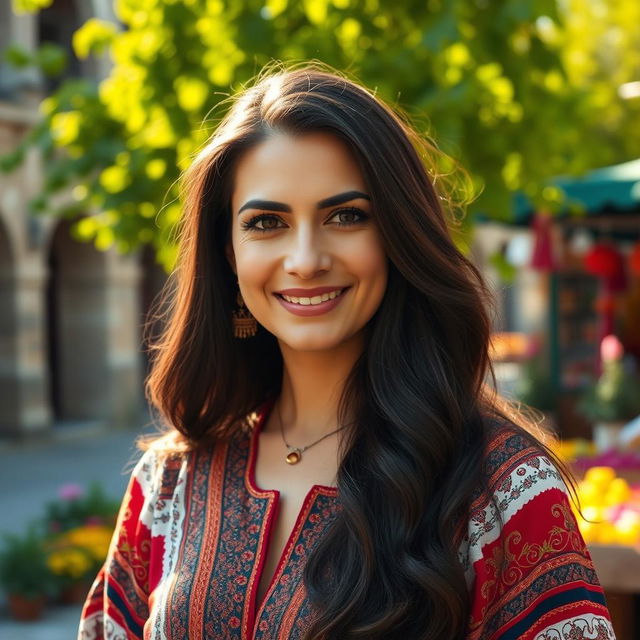 A 40-year-old Turkish woman with striking features, showcasing her beauty with long, dark hair elegantly styled and adorned in traditional Turkish attire