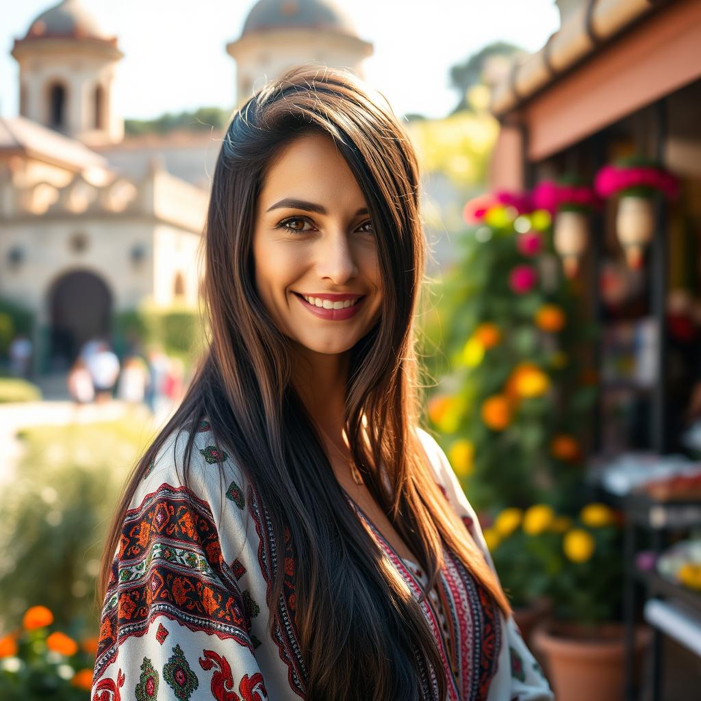 A 40-year-old Turkish woman with striking features, showcasing her beauty with long, dark hair elegantly styled and adorned in traditional Turkish attire