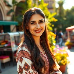 A 40-year-old Turkish woman with striking features, showcasing her beauty with long, dark hair elegantly styled and adorned in traditional Turkish attire