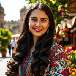 A 40-year-old Turkish woman with striking features, showcasing her beauty with long, dark hair elegantly styled and adorned in traditional Turkish attire