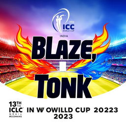 A striking and dynamic poster for the '13th ICC World Cup 2023 (India)' featuring the names 'Blaze' and 'Tonk' prominently
