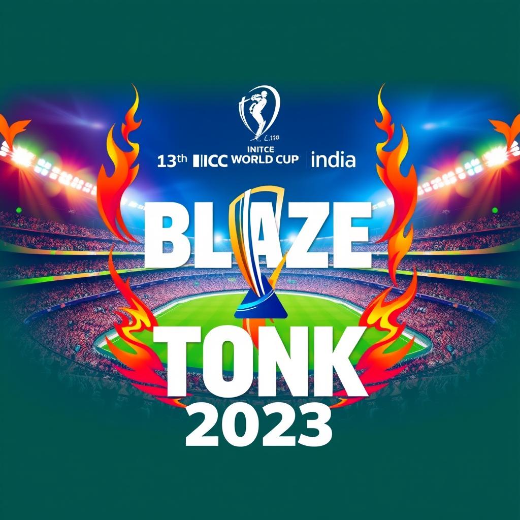 A striking and dynamic poster for the '13th ICC World Cup 2023 (India)' featuring the names 'Blaze' and 'Tonk' prominently