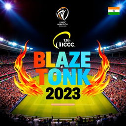 A striking and dynamic poster for the '13th ICC World Cup 2023 (India)' featuring the names 'Blaze' and 'Tonk' prominently