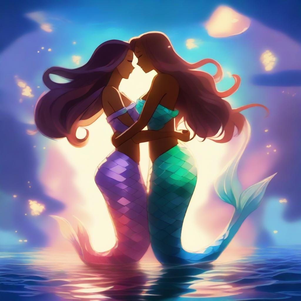 A high-quality digital art piece depicting a beautiful anime-style mermaid woman with brown skin and a glowing tail, holding hands with her anime human wife