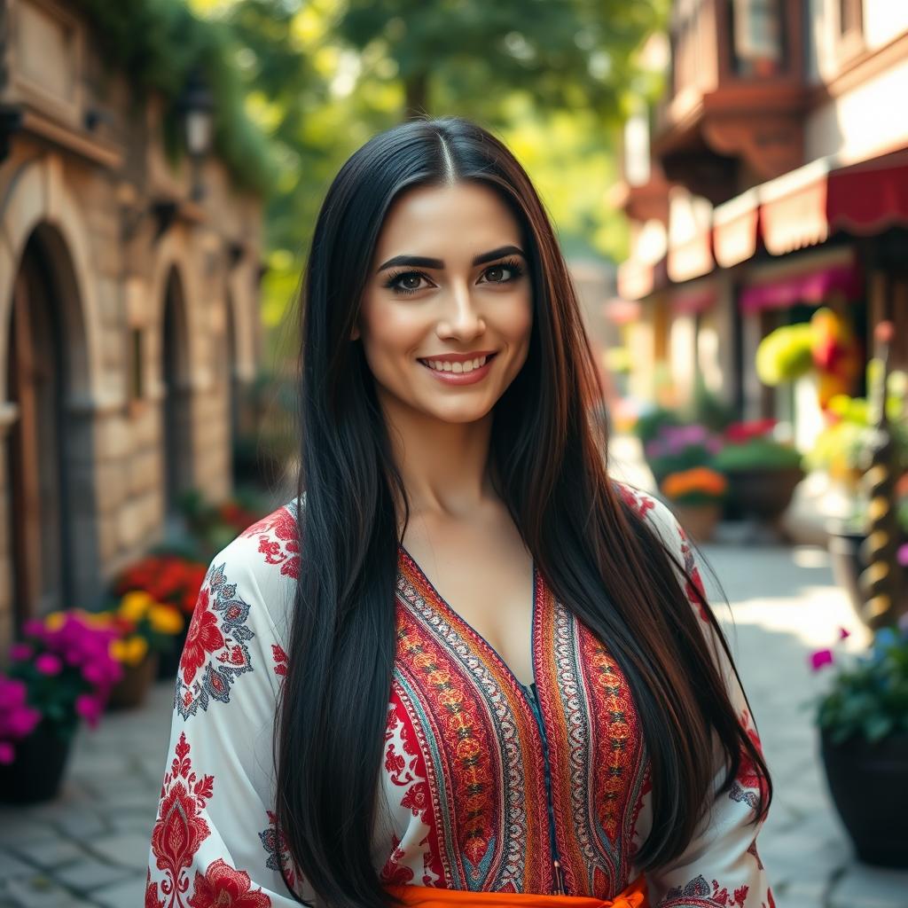 A beautiful 35-year-old Turkish woman with long, straight dark hair, styled elegantly