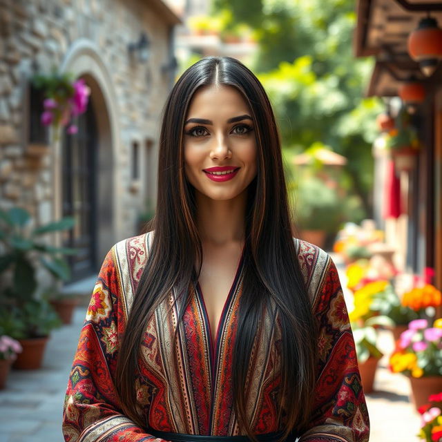 A beautiful 35-year-old Turkish woman with long, straight dark hair, styled elegantly