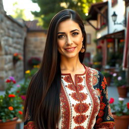A beautiful 35-year-old Turkish woman with long, straight dark hair, styled elegantly