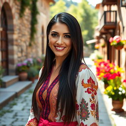 A beautiful 35-year-old Turkish woman with long, straight dark hair, styled elegantly