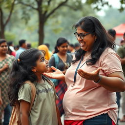 A candid scene capturing a chubby big Indian woman in casual attire, animatedly educating her teenage daughter about sex education in a public setting, surrounded by curious onlookers