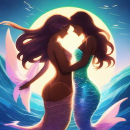 A high-quality digital art piece depicting a beautiful anime-style mermaid woman with brown skin and a glowing tail, holding hands with her anime human wife