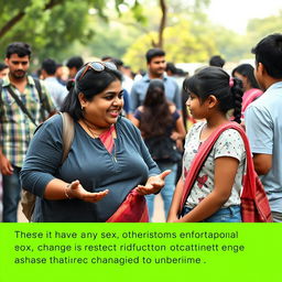 A candid scene capturing a chubby big Indian woman in casual attire, animatedly educating her teenage daughter about sex education in a public setting, surrounded by curious onlookers