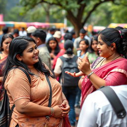 A candid scene capturing a chubby big Indian woman in casual attire, animatedly educating her teenage daughter about sex education in a public setting, surrounded by curious onlookers
