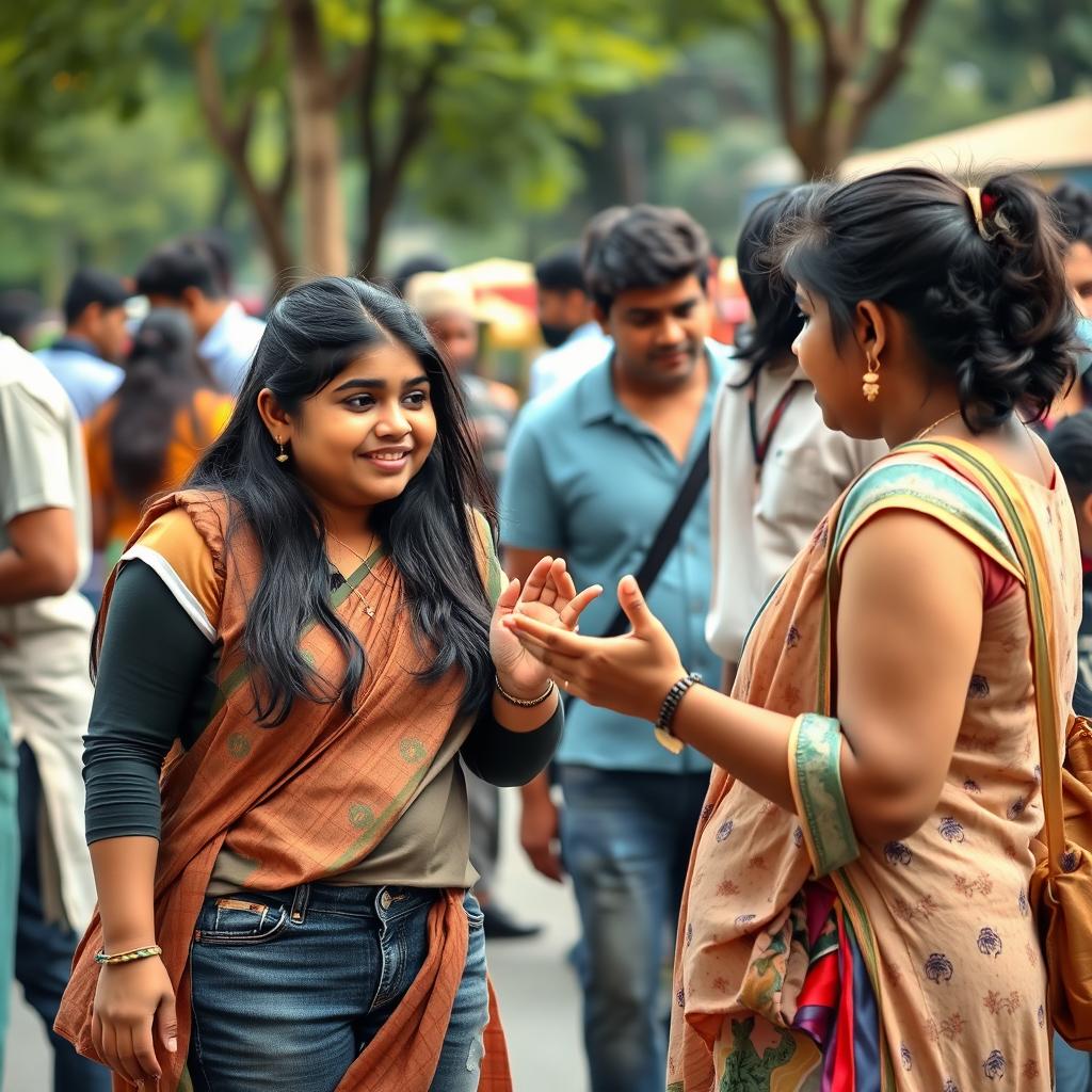 A candid scene capturing a chubby big Indian woman in casual attire, animatedly educating her teenage daughter about sex education in a public setting, surrounded by curious onlookers