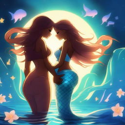 A high-quality digital art piece depicting a beautiful anime-style mermaid woman with brown skin and a glowing tail, holding hands with her anime human wife