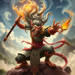 A powerful and mythical figure inspired by the character Wukong, also known as the Monkey King, depicted in a vibrant and dynamic action pose