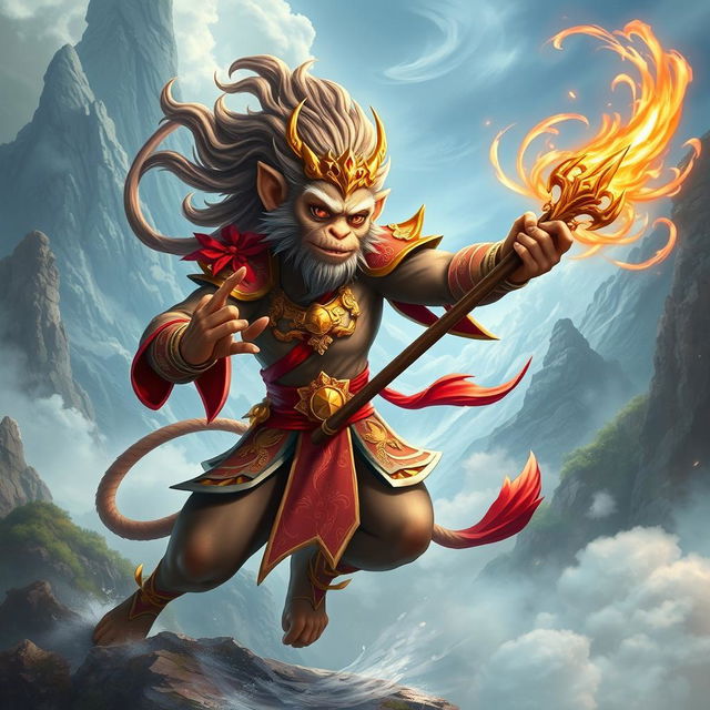 A powerful and mythical figure inspired by the character Wukong, also known as the Monkey King, depicted in a vibrant and dynamic action pose