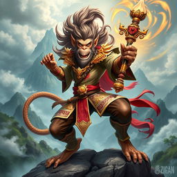 A powerful and mythical figure inspired by the character Wukong, also known as the Monkey King, depicted in a vibrant and dynamic action pose