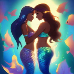 A high-quality digital art piece depicting a beautiful anime-style mermaid woman with brown skin and a glowing tail, holding hands with her anime human wife